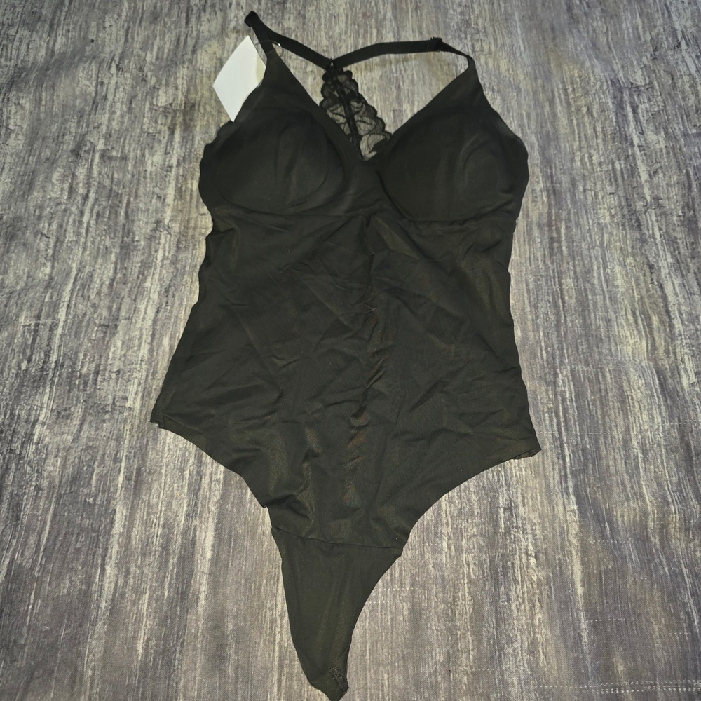 True & Co Womens Black Lace Racerback Thong Bodice Molded Cups TR32325T Small - Picture 1 of 5